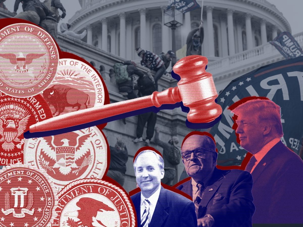 Logos of the various departments we are suing, a red gavel, and Ken Paxton, Rudy Giuliani, Donald Trump. Background is gray photo of the Capitol riots on Jan. 6th.