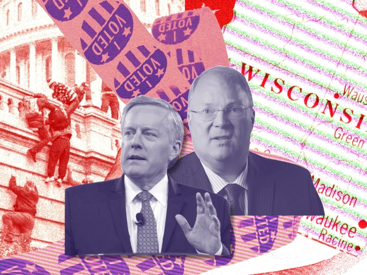 Mark Meadows and Michael Gableman on top of images of the January 6th riots and the state of Wisconsin.