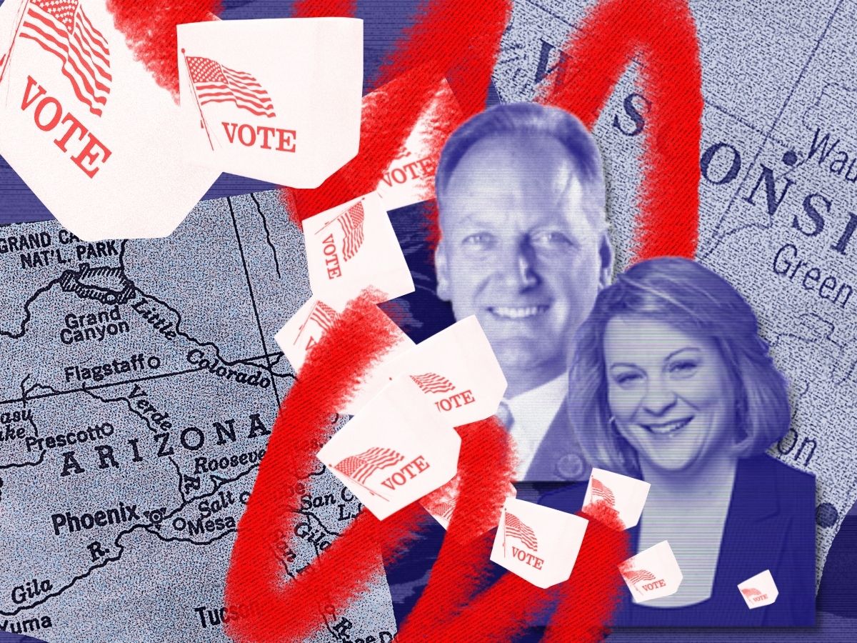 Arizona and Wisconsin with floating ballot boxes on top. Photos of Janel Brandtjen and Tim Ramthun.